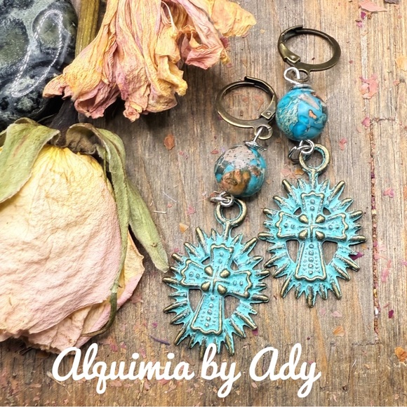 Turquoise chunky cross extra longwestern style dangle earrings